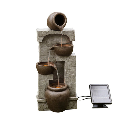 Teamson Home 28.5" Solar Powered 4-Tier Cascading Bowls & Stacked Stones Garden Water Fountain with LED Lights, Brown