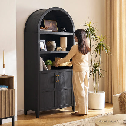 mopio Lauren 65.4" Arched Cabinet, 5-Tier Arched Bookcase with Doors and Shelves, Arched Bookshelf with Storage, Kitchen Pantry Cabinet, Wooden Storage Cabinet for Living Room, Kitchen (Oak)