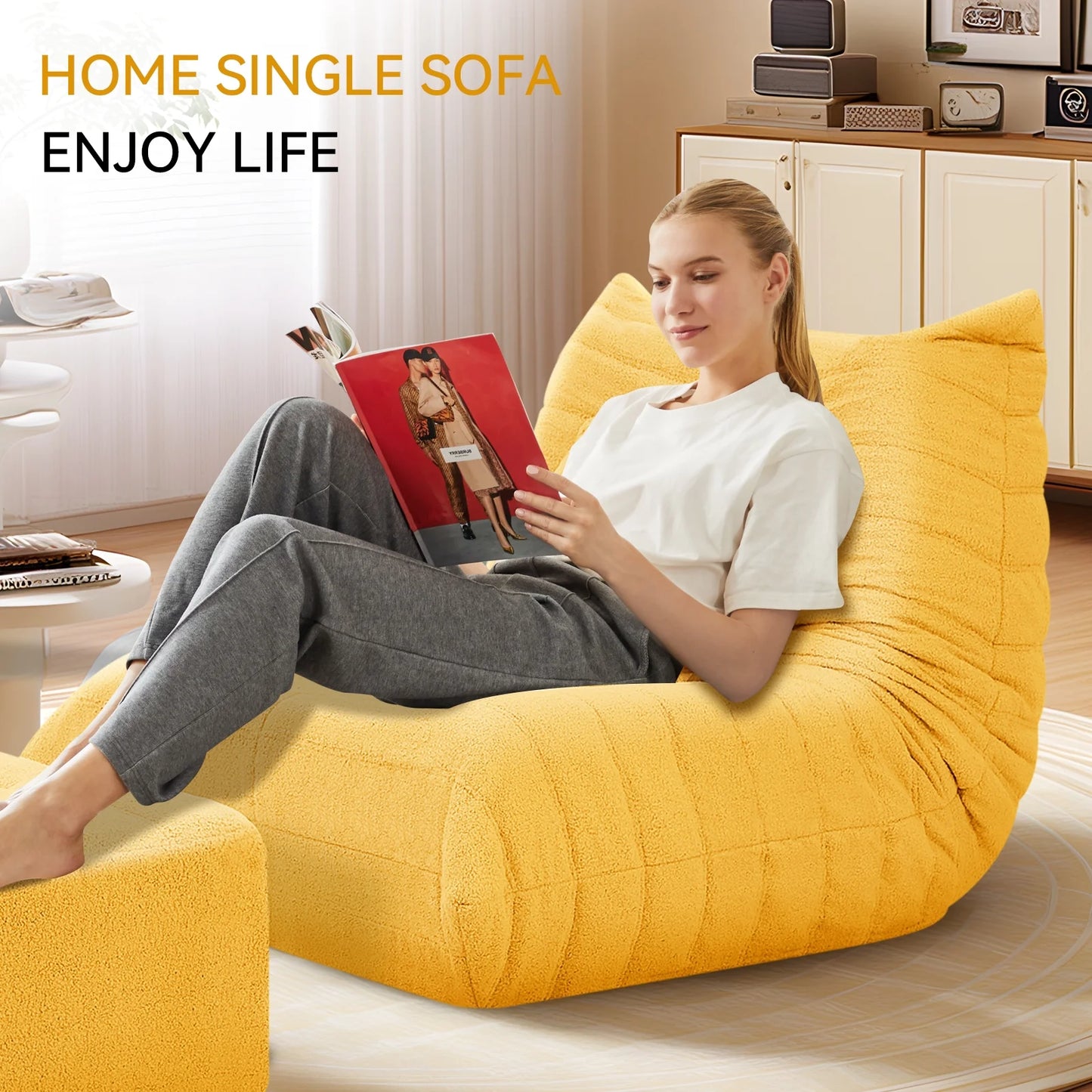 VFD Bean Bag Chairs for Adults, Beanbag Chair with Ottoman Lounge Sofa Memory Foam Comfy Reading Chair for Bedroom & Living Room, Lazy Floor Sofa Couch