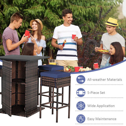 Kadyn Patio Conversation Table Chair Set, Outdoor Collection Set, 5 Pieces Patio Rattan Bar Table Stool Set Hidden Storage Shelf Cushioned-Navy