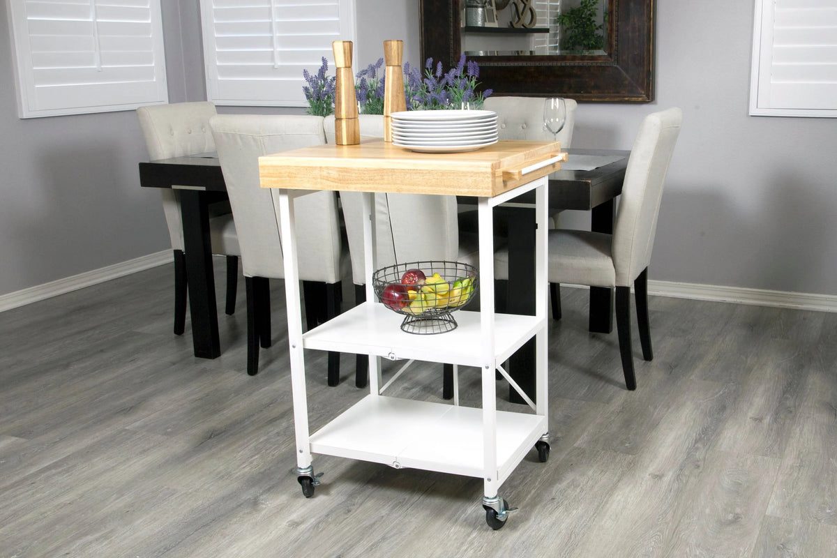 Origami Foldable Wheeled Portable Solid Wood Top Kitchen Island Bar Cart