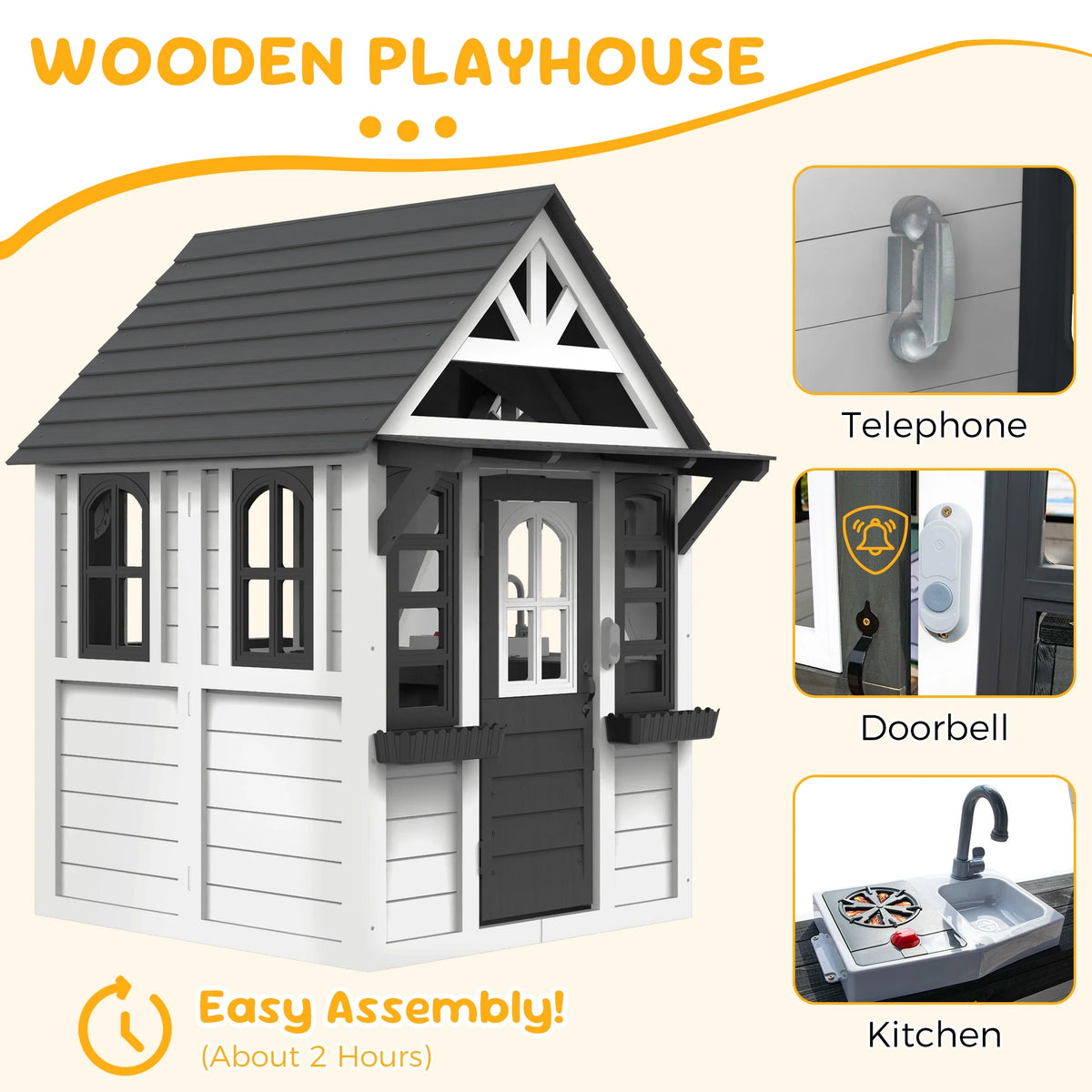 COCLUB Outdoor Playhouse for Kids Ages 4-8, Wooden Play House with Doorbell, Phone, Kitchen Toys, Outdoor Kids Play Equipment, Casa Para Ni?as (45��L x 65��H), White & Black