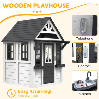 COCLUB Outdoor Playhouse for Kids Ages 4-8, Wooden Play House with Doorbell, Phone, Kitchen Toys, Outdoor Kids Play Equipment, Casa Para Ni?as (45��L x 65��H), White & Black