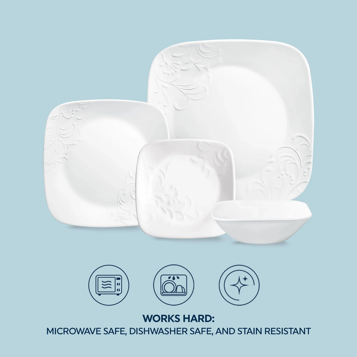 Corelle Cherish 16-Piece Embossed Square Glass Dinnerware Set (Service for 4)