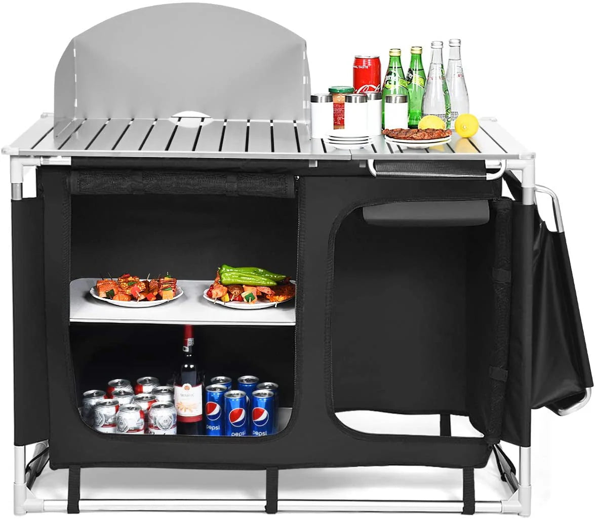 Camping Kitchen Table, Camping Grill Table w/Windscreen & Storage Organizer, Outdoor Kitchen Cook Station with Basin for BBQ, Party, Picnics, Backyards, BBQ Table