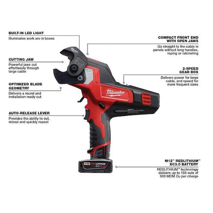 M12 12V Lithium-Ion Cordless 600 MCM Cable Cutter Kit with One 3.0Ah Battery, Charger and Hard Case