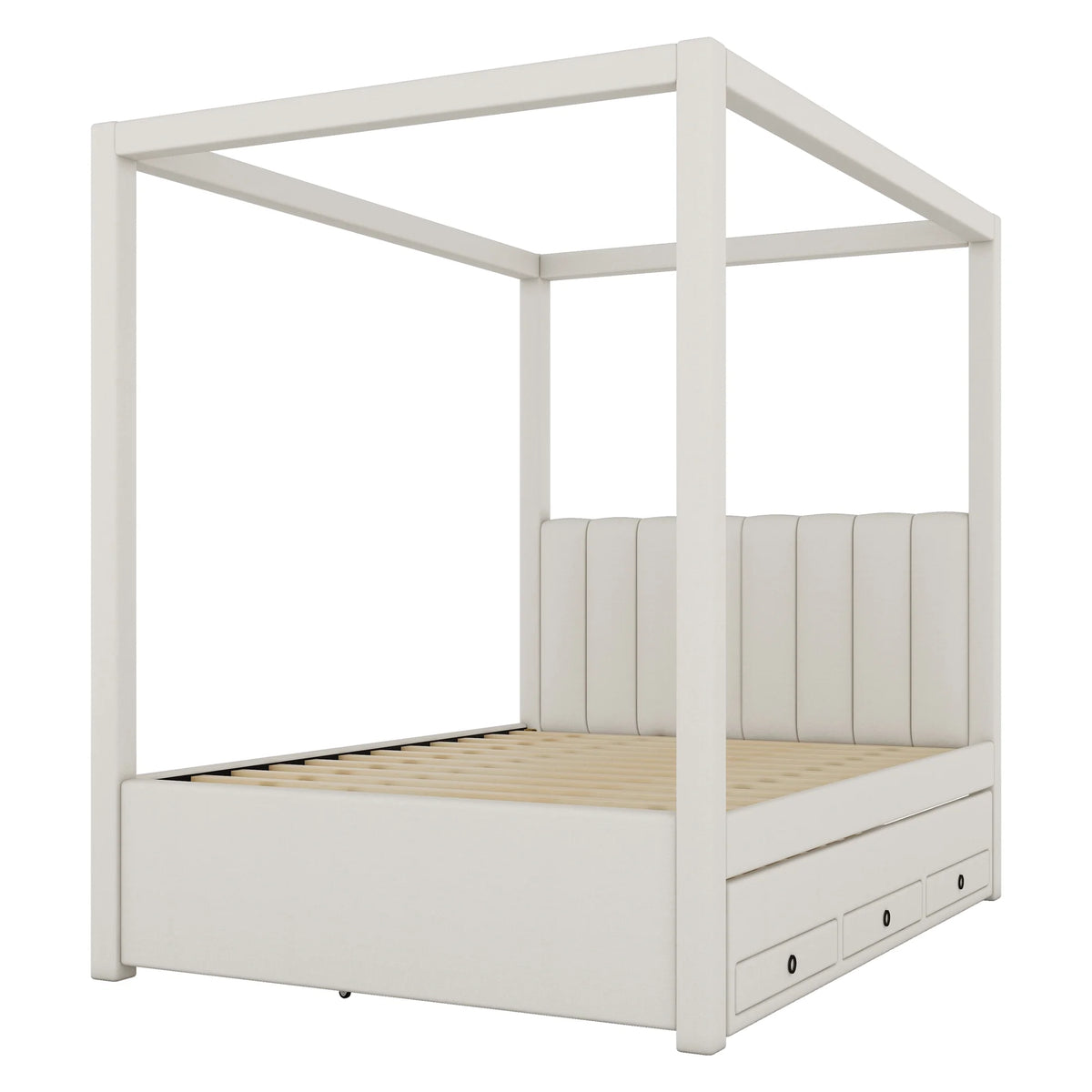 EUROCO Upholstered Full Size Canopy Bed Frame with Trundle Bed and 3 Drawers, Platform Bed with Headboard for Kids Teens Adults, Beige