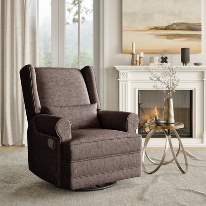 Royalcraft Swivel Nursery Glider Recliner, Comfy Upholstered Glider Chair with Lumbar Pillow and Footrest, Beige
