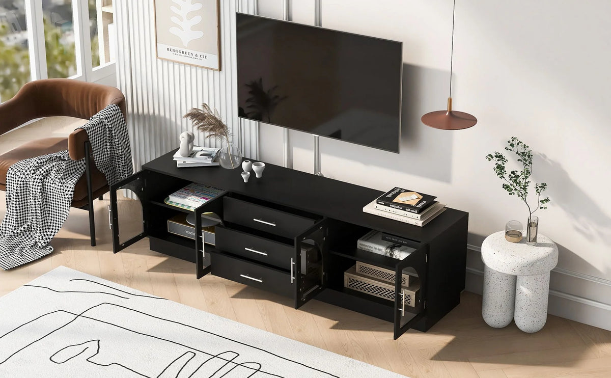 Euroco Modern TV Stand with Arched Glass Doors, Drawers & Adjustable Shelves for TVs up to 75 Inches