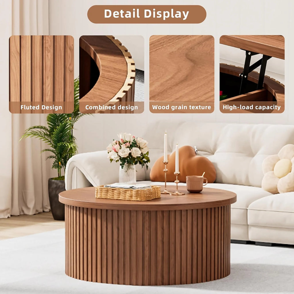 Oubayajia Round Coffee Table with Storage, Wood Lift Top Coffee Table, Waveform Panel, Natural