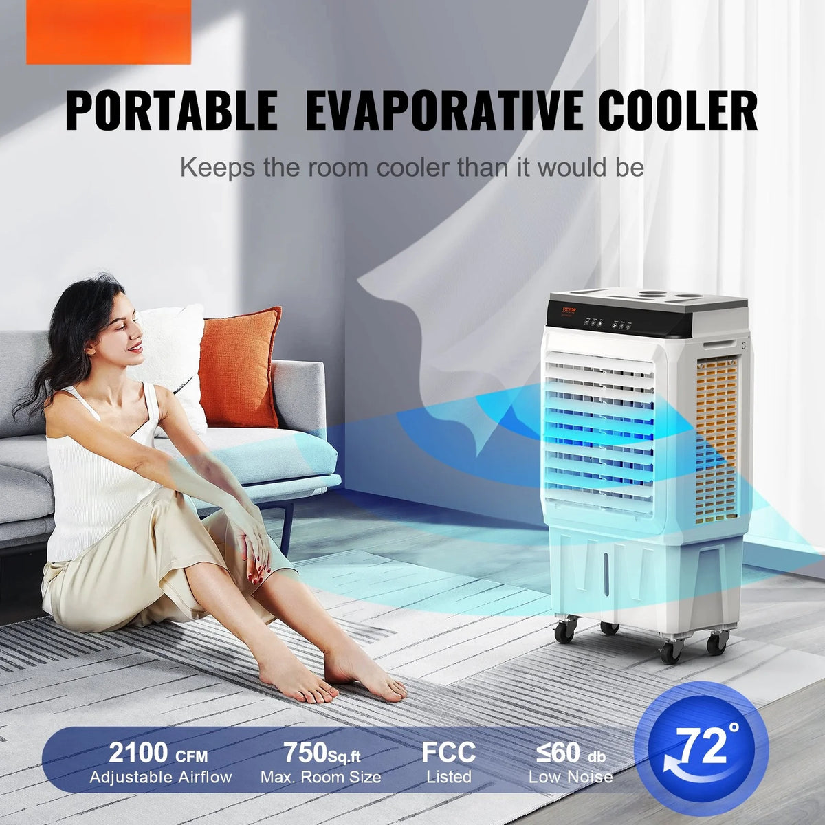 VEVOR Evaporative Air Cooler, 2100 CFM, 135�� Oscillating Swamp Cooler with Adjustable 3 Speeds and 12 H Timer, 7 Gal Portable Air Cooler for 750 Sq.ft, Indoor/Outdoor Use