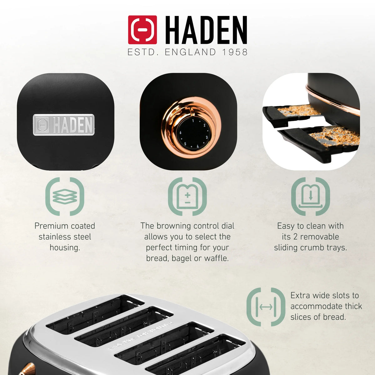 Haden Heritage 1500 1.7 Electric Kettle, Matte Black Finish with Copper Accents