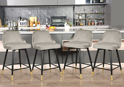 EiweLive 25'' Swivel Bar Stools with Back Set of 4, Gray Velvet Counter Height Stools for Kitchen Island, Pub