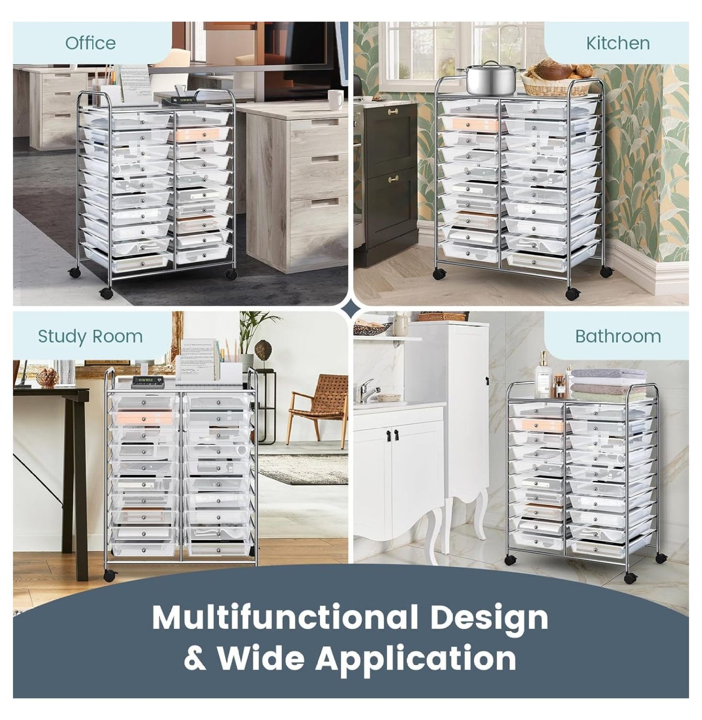 20 Drawers Storage Cart w/Rolling Wheels, Semi-Transparent Mobile Rolling Drawer Cart for School Classroom Office Home Salon, Files Scrapbook Craft Organizer, Utility Cart on Wheels (Clear)