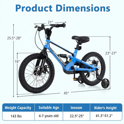 Costway 16 Inch Children Bicycle with Training Wheels & Double Disc Brakes Adjustable Seat Magnesium Alloy Blue