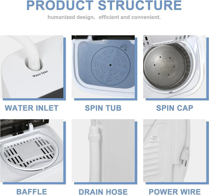 Compact Mini Twin Tub Washing Machine Portable 13lbs Laundry Washer and Dryer