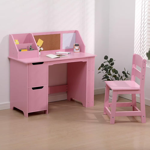 Garvee Kids Study Desk and Chair Set, Wooden School Learning Table with Storage, Kigs Writing Desk with Hutch and Bulletin Board, Children Computer Desk with Chair, Small Toddler Desk for Home, Pink