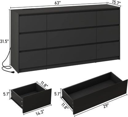 ChVans Black 9 Drawers Dresser with Charging Station, 63" Long Modern Dresser with 9 Drawers for Bedroom, Large Wood Chest of Drawers Handle Free, Dresser for Bedroom, Living Room, Hallway