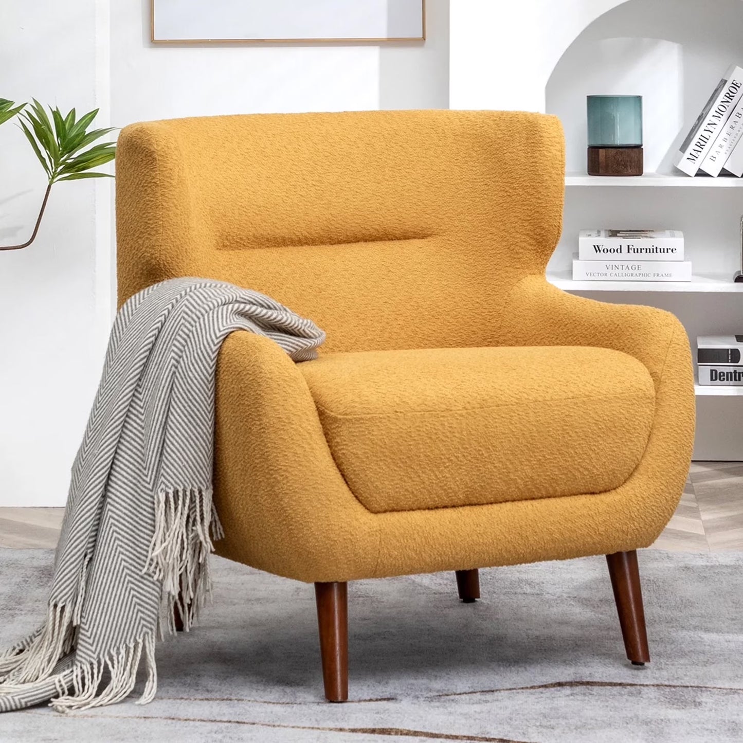 ALEAVIC White Accent Chair Upholstered Armchair with Solid Wood Legs