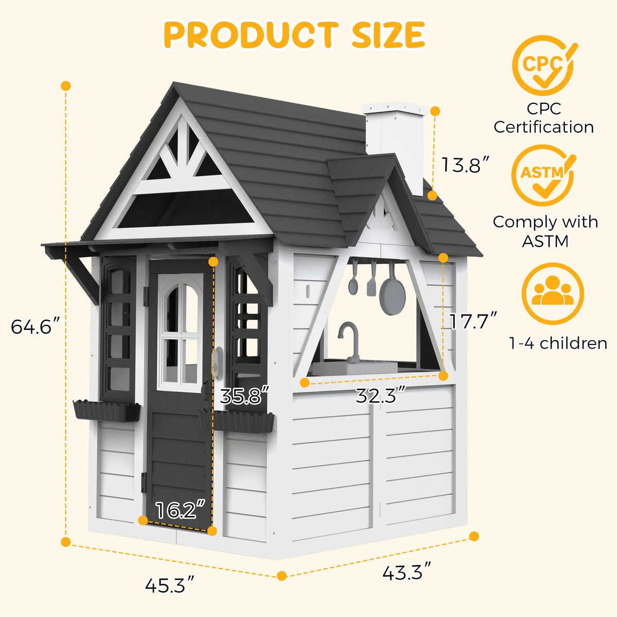 COCLUB Outdoor Playhouse for Kids Ages 4-8, Wooden Play House with Doorbell, Phone, Kitchen Toys, Outdoor Kids Play Equipment, Casa Para Ni?as (45��L x 65��H), White & Black