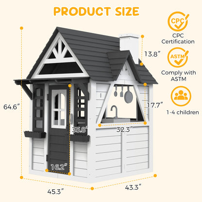 COCLUB Outdoor Playhouse for Kids Ages 4-8, Wooden Play House with Doorbell, Phone, Kitchen Toys, Outdoor Kids Play Equipment, Casa Para Ni?as (45��L x 65��H), White & Black