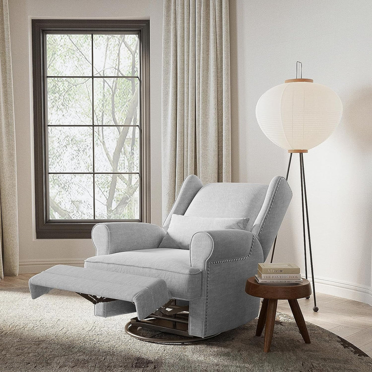 Royalcraft Swivel Nursery Glider Recliner, Comfy Upholstered Glider Chair with Lumbar Pillow and Footrest, Beige