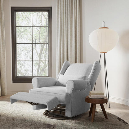 Royalcraft Swivel Nursery Glider Recliner, Comfy Upholstered Glider Chair with Lumbar Pillow and Footrest, Beige