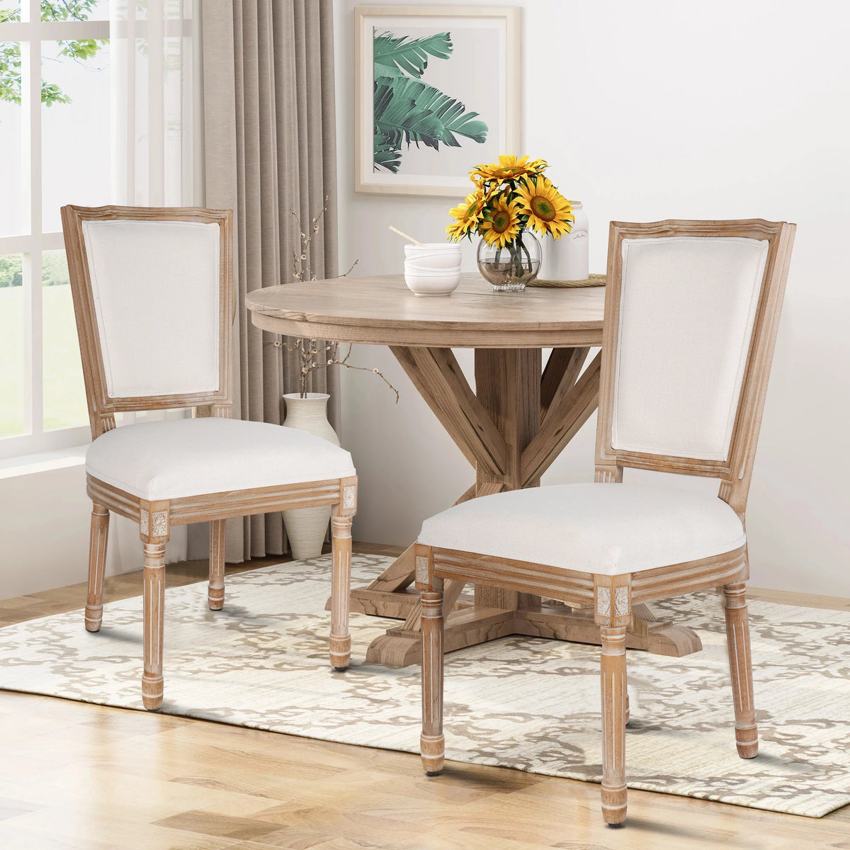 French Dining Chairs Set of 2 Beige Natural Fabric Round Back with Solid Wood Legs and Frame for Bedroom Dining Room Kitchen
