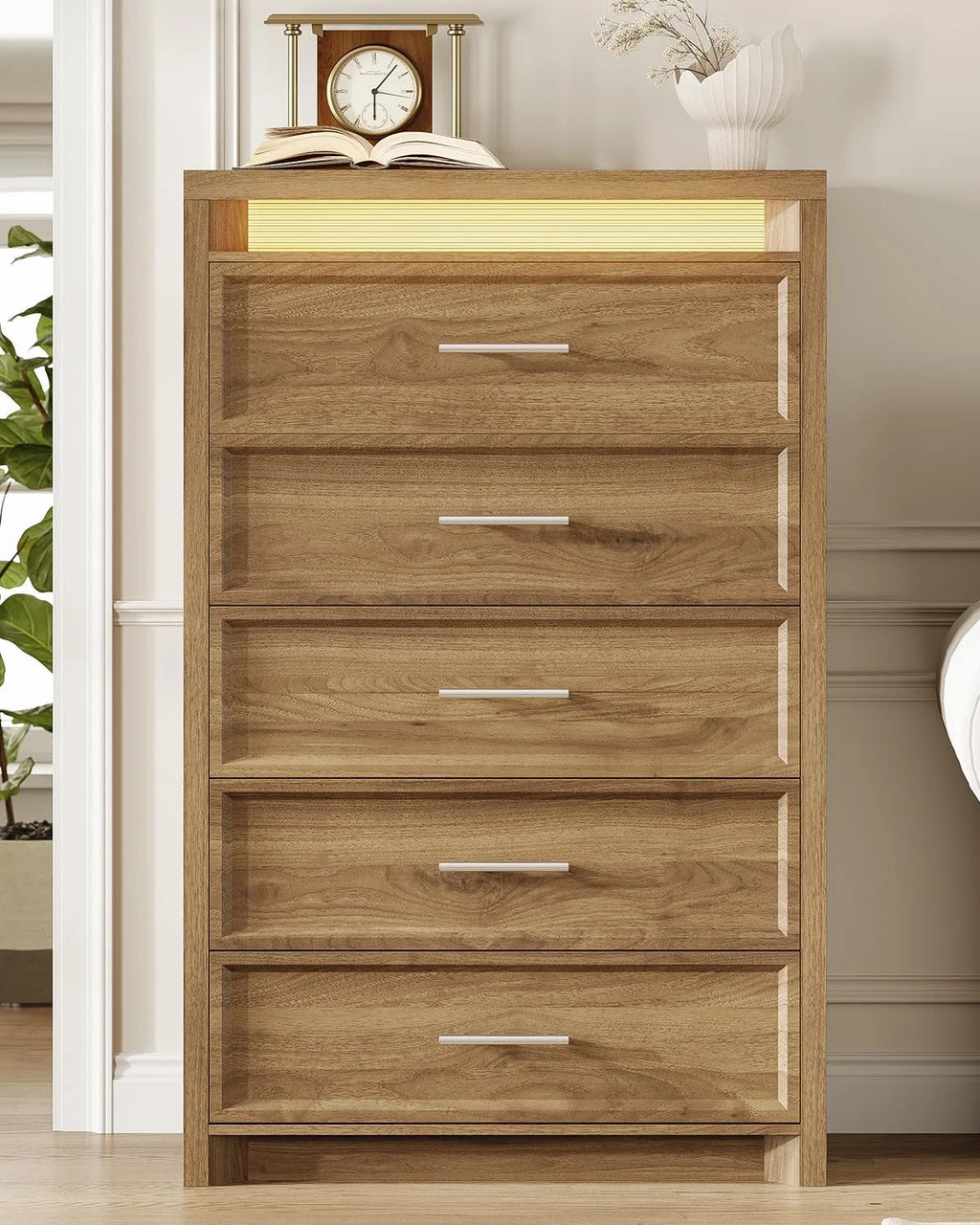 AOGLLATI Mid-Century Modern Dresser for Bedroom with 5 Drawer, Dressers& Chests of Drawers, 44.5�� Tall Wood Dresser with 3 Color Lights for Bedroom, Wood