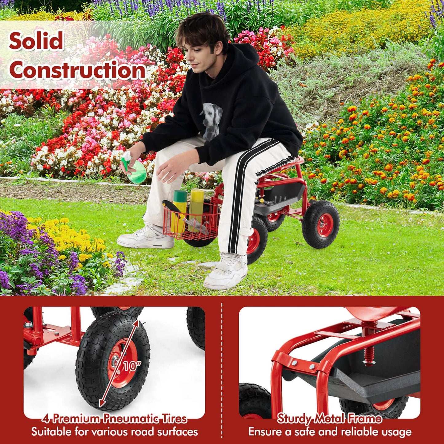 Costway Garden Cart Rolling Work Seat for Planting with Extendable Handle Green