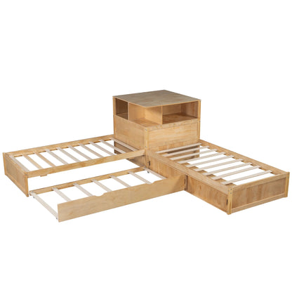 Euroco Pine Wood L-Shaped Twin Platform Bed with Storage Desk, Cabinets, Trundle and LED Light for Kids Teens, Gray