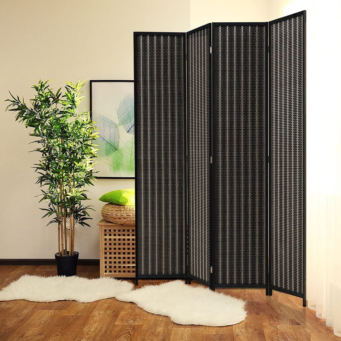 JOSTYLE 4-Panel Room Divider 6ft Tall Extra Wide Folding Privacy Screen with Diamond Double-Weave Divider for Room Separation Freestanding Red Brown