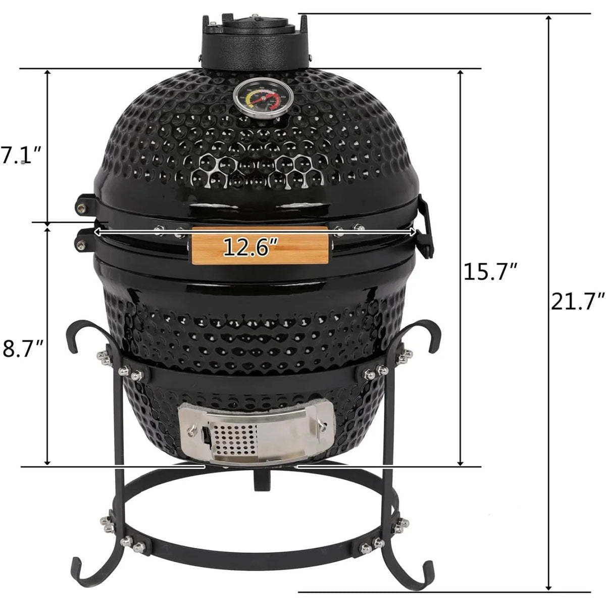 ZZJP Ceramic Grill, 13" Round Kamado Charcoal Grill, Portable Barbecue Grill with Thermometer for Variations on Cooking Methods(Black)