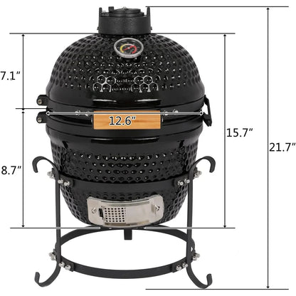 ZZJP Ceramic Grill, 13" Round Kamado Charcoal Grill, Portable Barbecue Grill with Thermometer for Variations on Cooking Methods(Black)