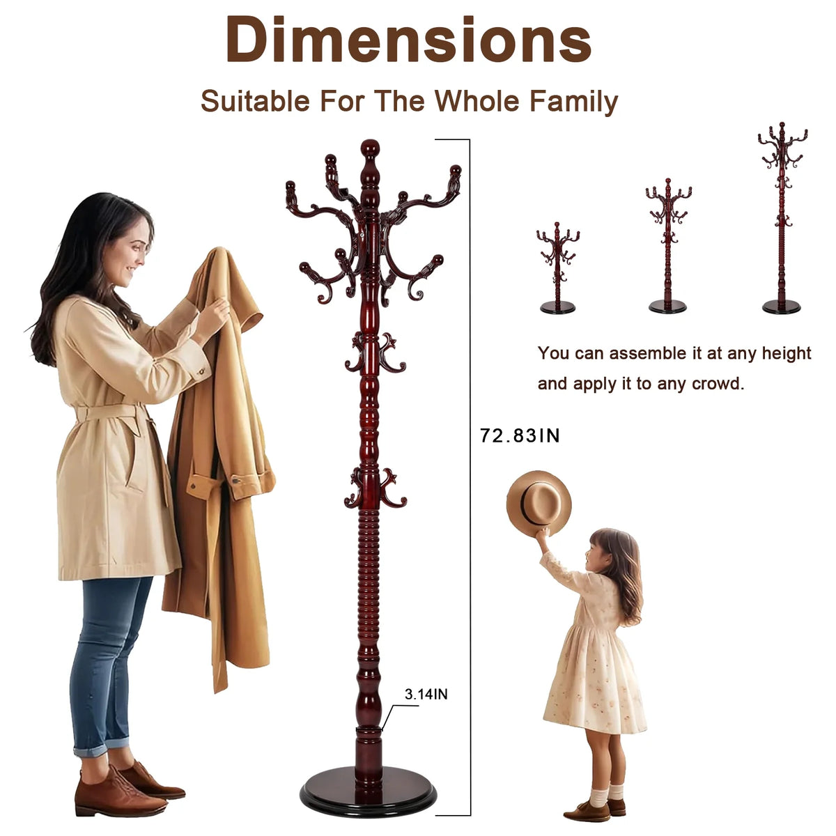 Coat Rack Freestanding, Hall Tree with 11 Hooks, Heavy Duty Wooden Coat Tree Stand, Adjustable Height, Sturdy Base for Bedroom Hallway Office - Load 270lbs