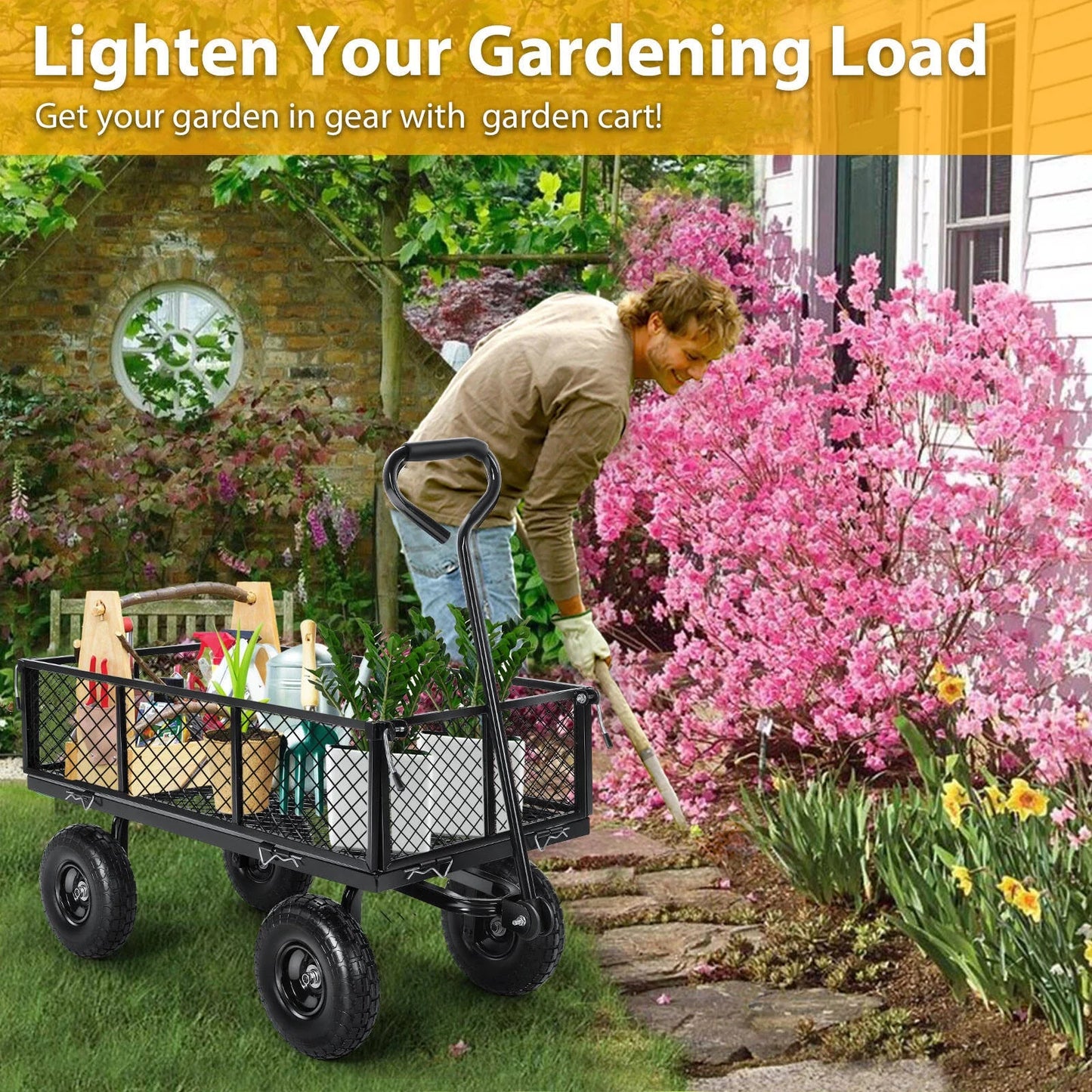 Farmdex Steel Mesh Garden Cart with 10" Tires Wagon Cart Newest Garden Utility Carts Heavy Duty 660LBS Capacity Folding Utility Wagon with Removable Sides, Garden Wagon for Yard