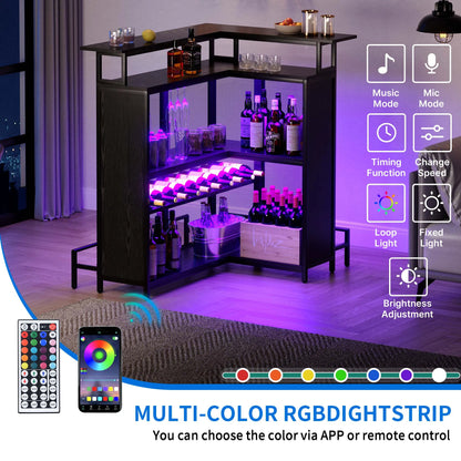 DEXTRUS 5 Tier Home Bar Unit, 43" Wine Cabinet with LED Lights, Mini Liquor Bar with Wine Rack and Footrest, Black