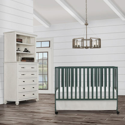 Dream On Me Quinn Full-Size Folding Crib. Removable Wheels. Modern Nursey. Adjustable Mattress Support. Patent Folding System in Olive
