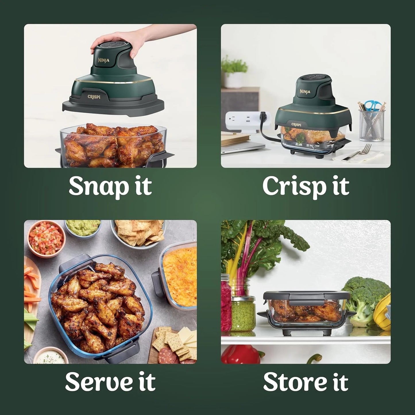 Ninja Crispi 5-in-1 Portable Glass Air Fryer Cooking System FN103BF, British Racing Green with Soft Gold Trim, 1500W, New