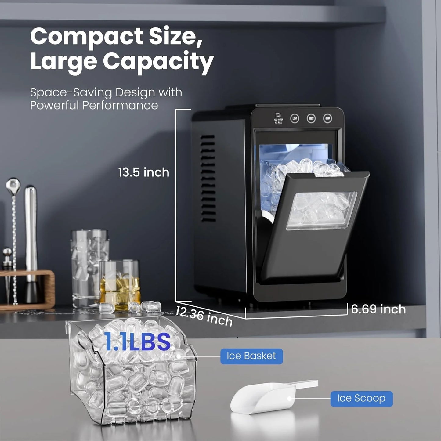Moifoi Ice Maker Countertop, 26 lbs/24 H, 8 Pcs Ice  in 6 Mins, Portable Ice Maker Machine with Self-Cleaning, Interior Lighting,  2 Sizes Bullet Ice, Black