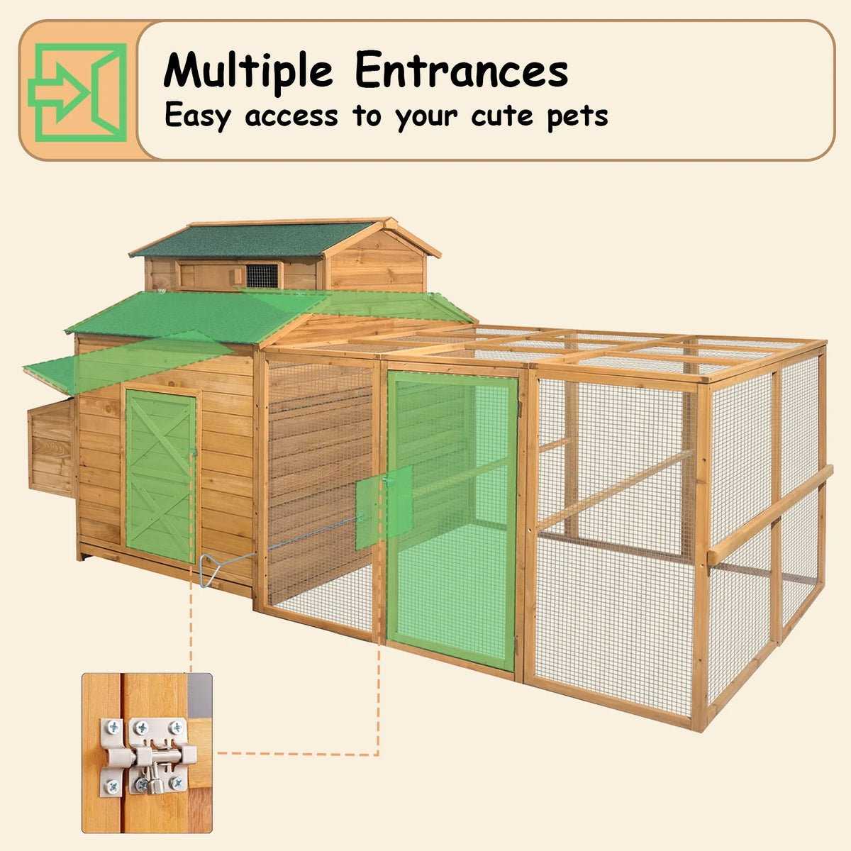 Chicken Coop for 6-10 Chickens, 112" Extal Large Chicken Coops, with Chicken Run & Nesting Box & Secure Enclosure, Outdoor Wooden Hen House Hutch for Rabbit, Poultry Pet, Duck