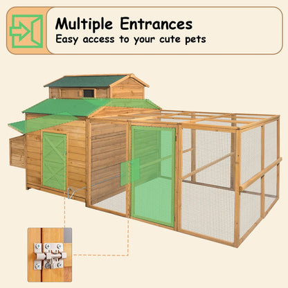 Chicken Coop for 6-10 Chickens, 112" Extal Large Chicken Coops, with Chicken Run & Nesting Box & Secure Enclosure, Outdoor Wooden Hen House Hutch for Rabbit, Poultry Pet, Duck