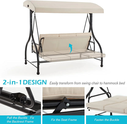 AECOJOY 3 Person Canopy Steel Porch Swing, Converting Swing Glider Hammock-Beige