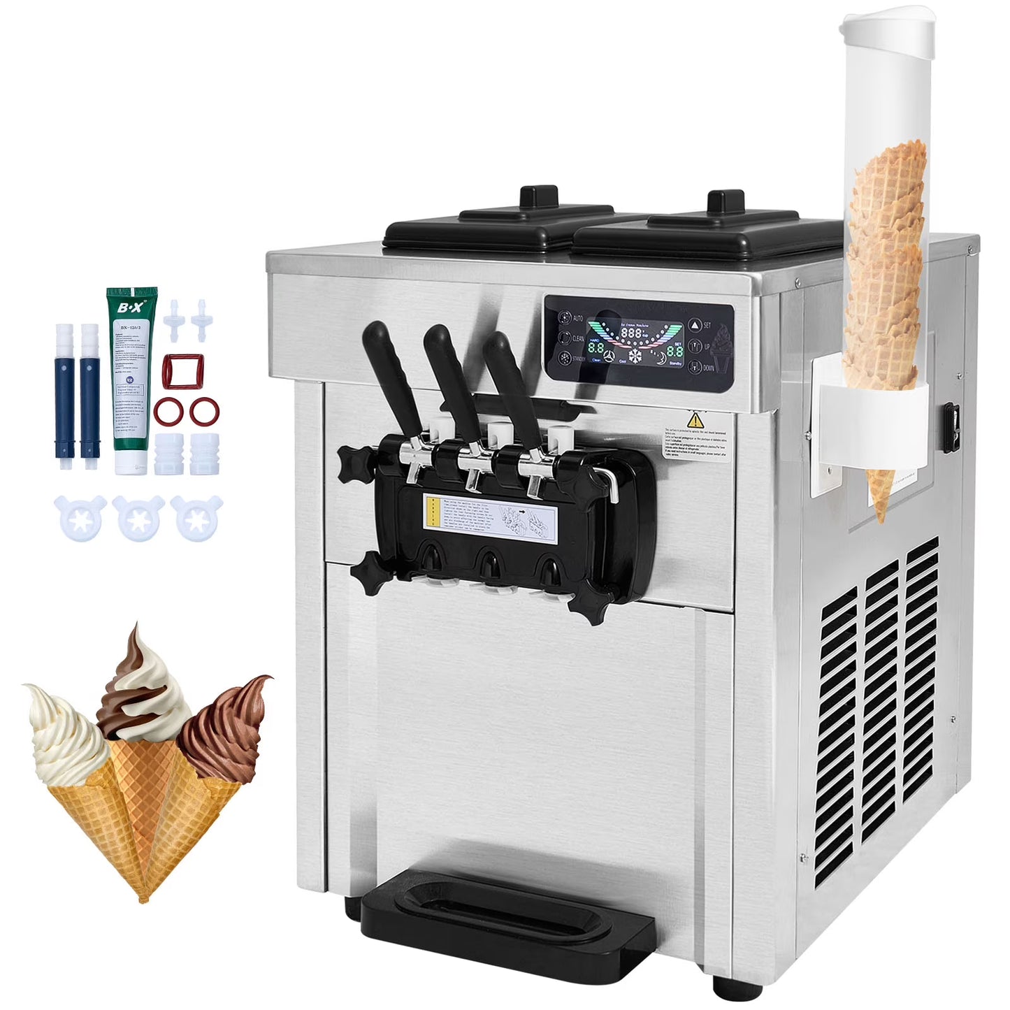 KFFKFF Commercial Soft Ice Cream Machine 18-28 L/H 5.5L*2 Cylinder 3-Flavor Serve Ice Cream Maker