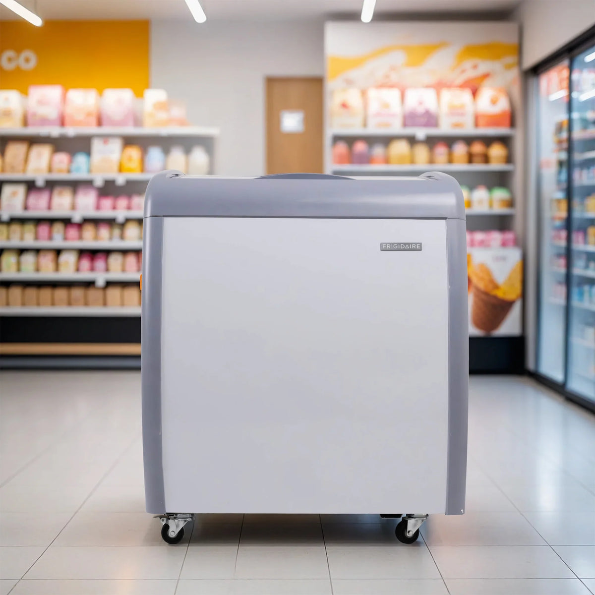 Frigidaire Commercial Chest Freezer for Ice Cream and Frozen Foods, Glass Top Display Storage Case, 4 Cu. Ft. Bin, Rolling Caster Wheels, Adjustable Temperature, Energy Efficient Cooling