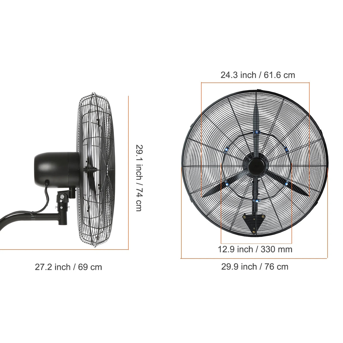 VEVOR Wall-Mount Misting Fan Oscillating Metal Fan 24.3'' 3 Speed Waterproof