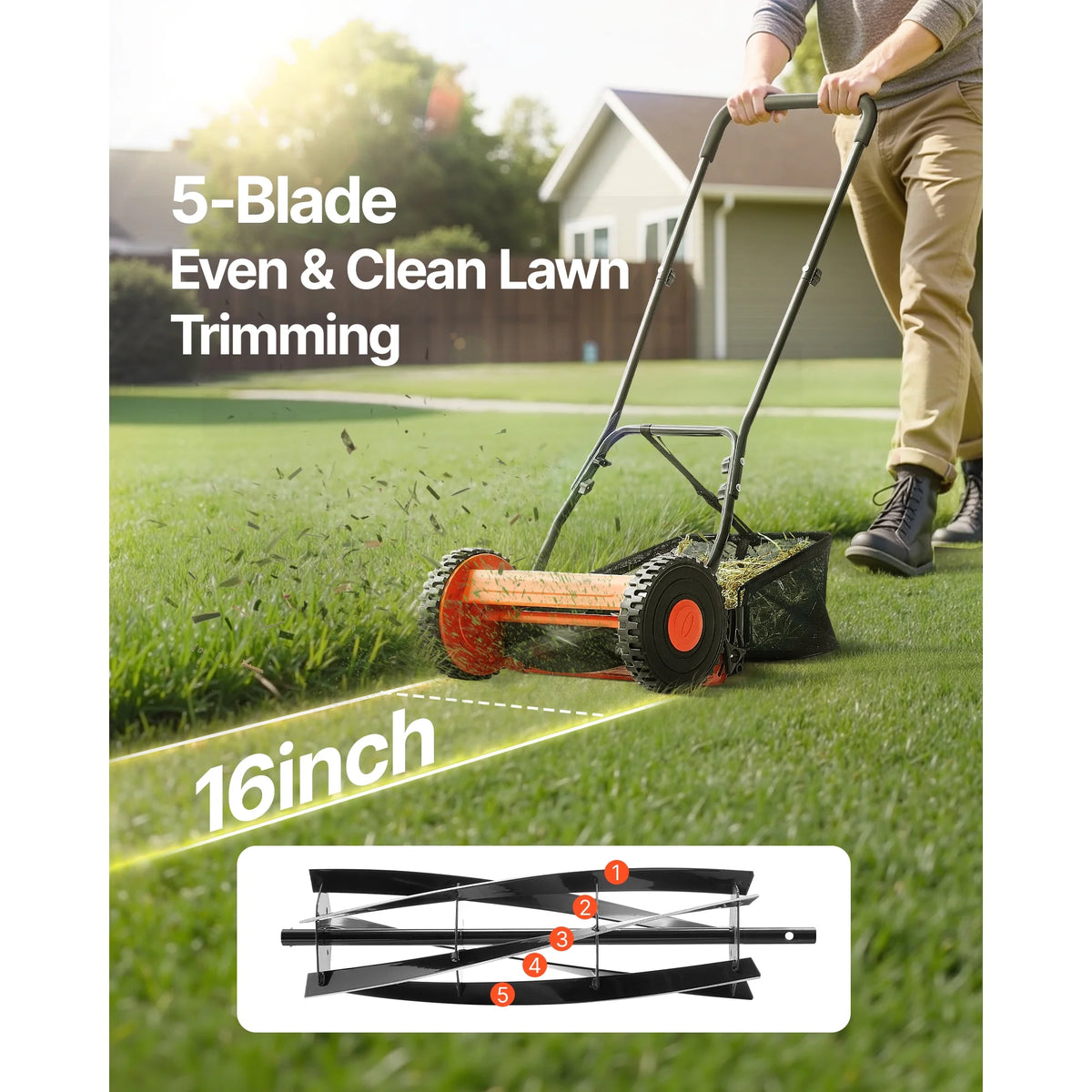 KFFKFF 16-Inch Manual Push Reel Lawn Mower, 5-Blade Design, Adjustable Cutting Height from 0.6 to 1.75 Inches, Walk-Behind Mower with Grass Collection Bag for Lawns, Driveways, and Courtyards