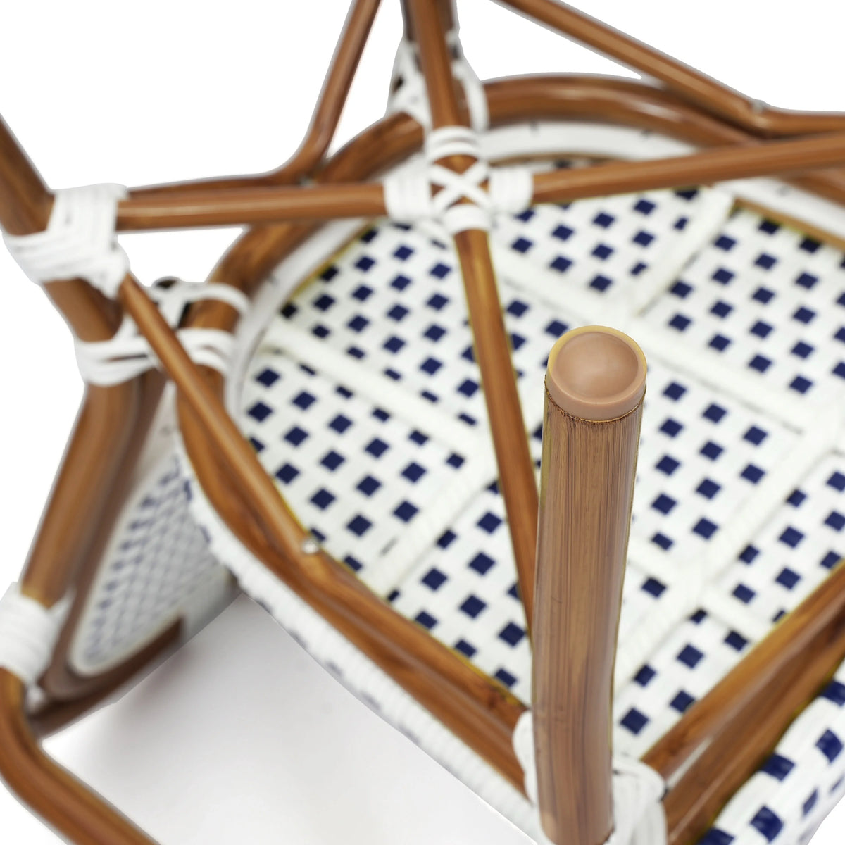 Merrick Lane Stacking Thonet French Bistro Style Chair with Arms, Black & White PE Rattan Seat, and Bamboo Finished Metal Frame for Indoor/Outdoor Use