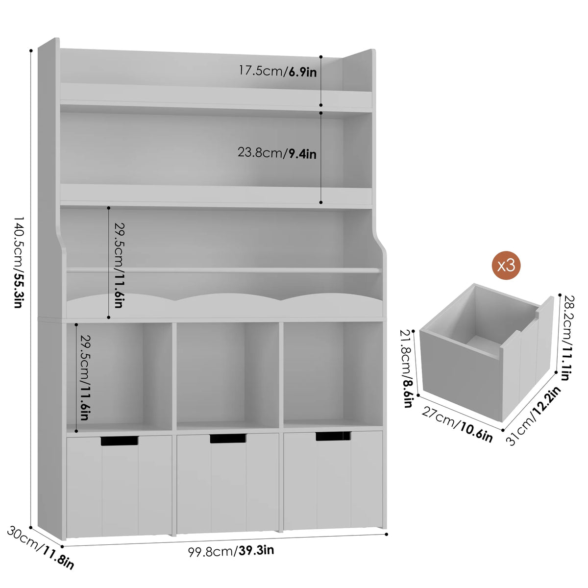 Homfa 55.5�� H Kids Bookshelf with 2-Tier Book Shelves, Children Toy Organizer with 3 Cubes and Removable Drawers, White