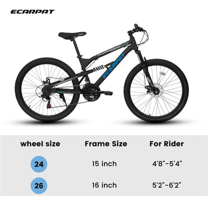26 Inch Mountain Bike, Dual Full Suspension 21-Speed Disc Brakes Thumb Shifter, Carbon Steel Frame Mountain Bike, Mens Womens Trail Commuter City Bicycles